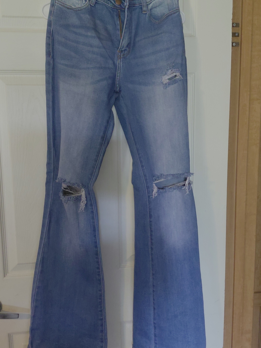 Vibrant Light Blue Distressed Flare Jeans